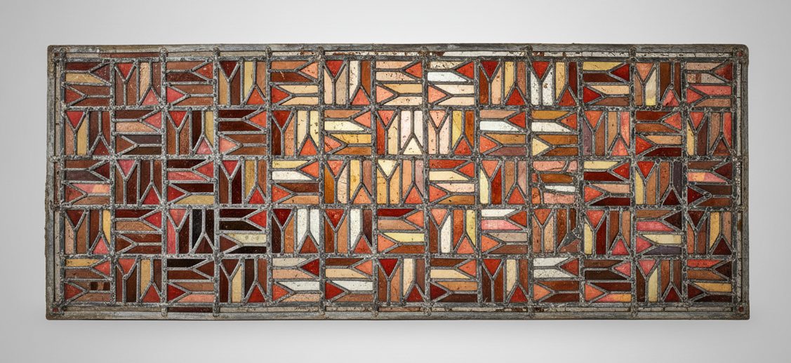 Arts and Crafts-style stained glass window with arrow-shaped panes that inspired the design