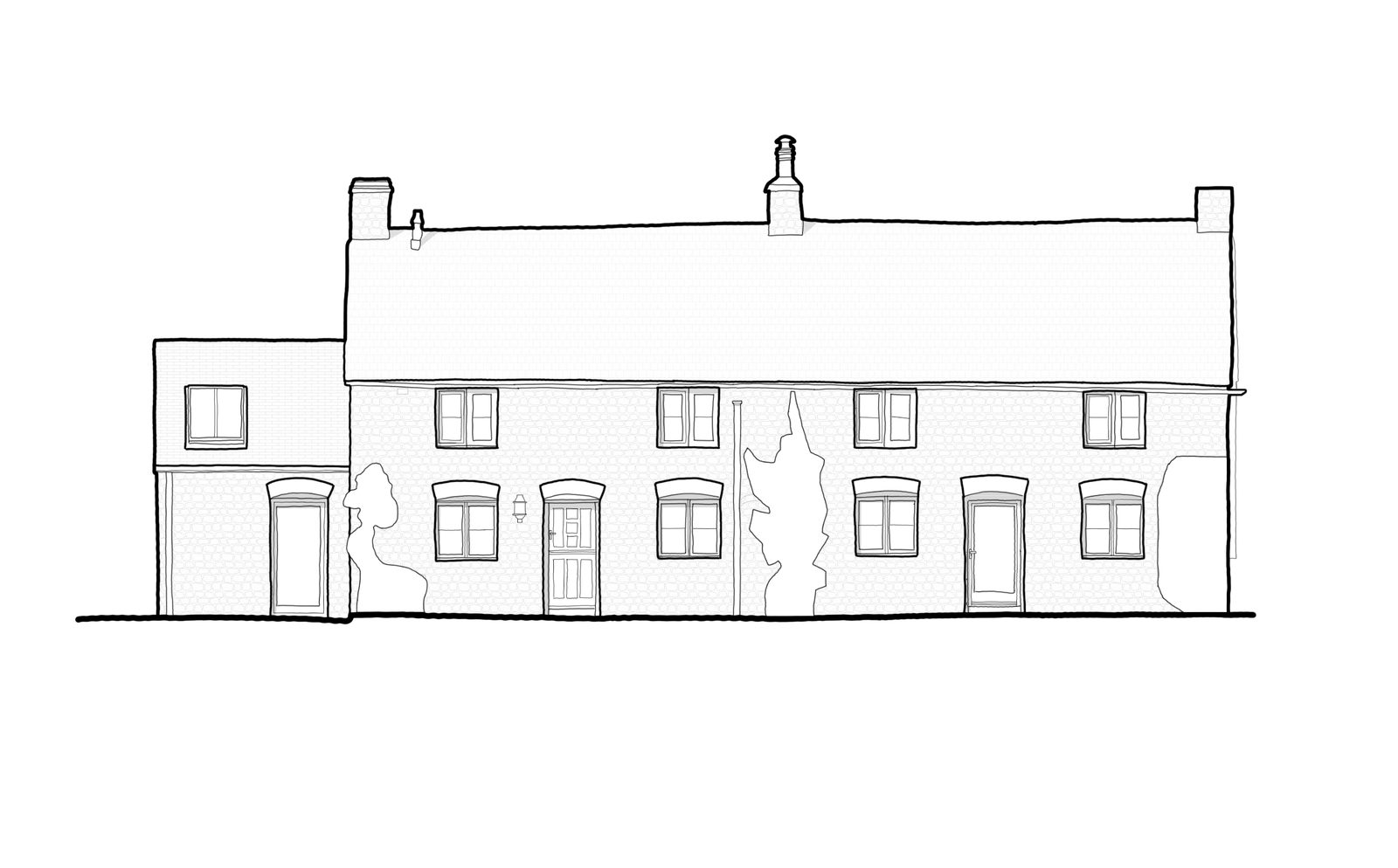 Elevation drawing of a cottage in Tetbury with its modest new side extension