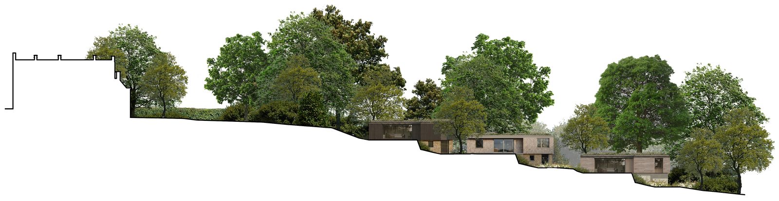 Long elevation of new homes set among trees, from a multi-plot self-build site