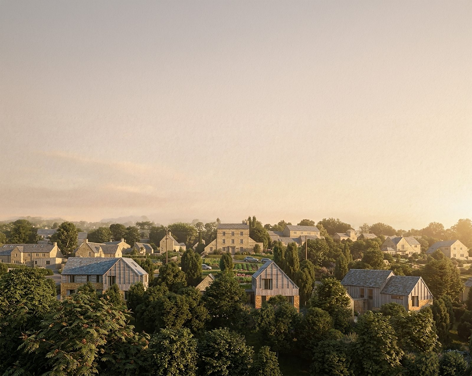Visual of three self-build homes stepping down a wooded Cotswold hillside at sunset