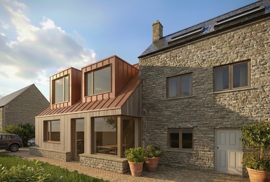 Visual of the approved extension to a weaver’s cottage in Chalford, with a red zinc upper storey and catslide roof