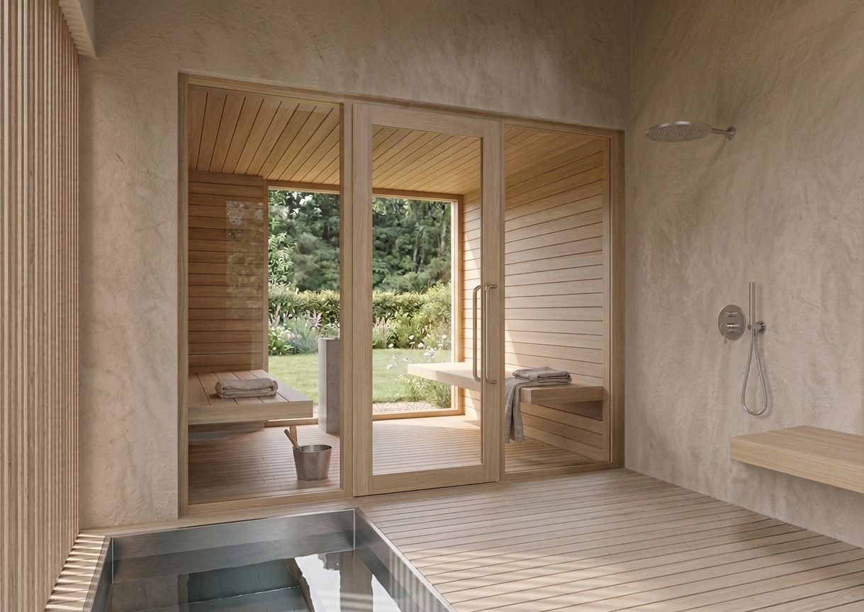 Visual of the wellness space interior, a timber-lined sauna opening onto a plunge pool and garden