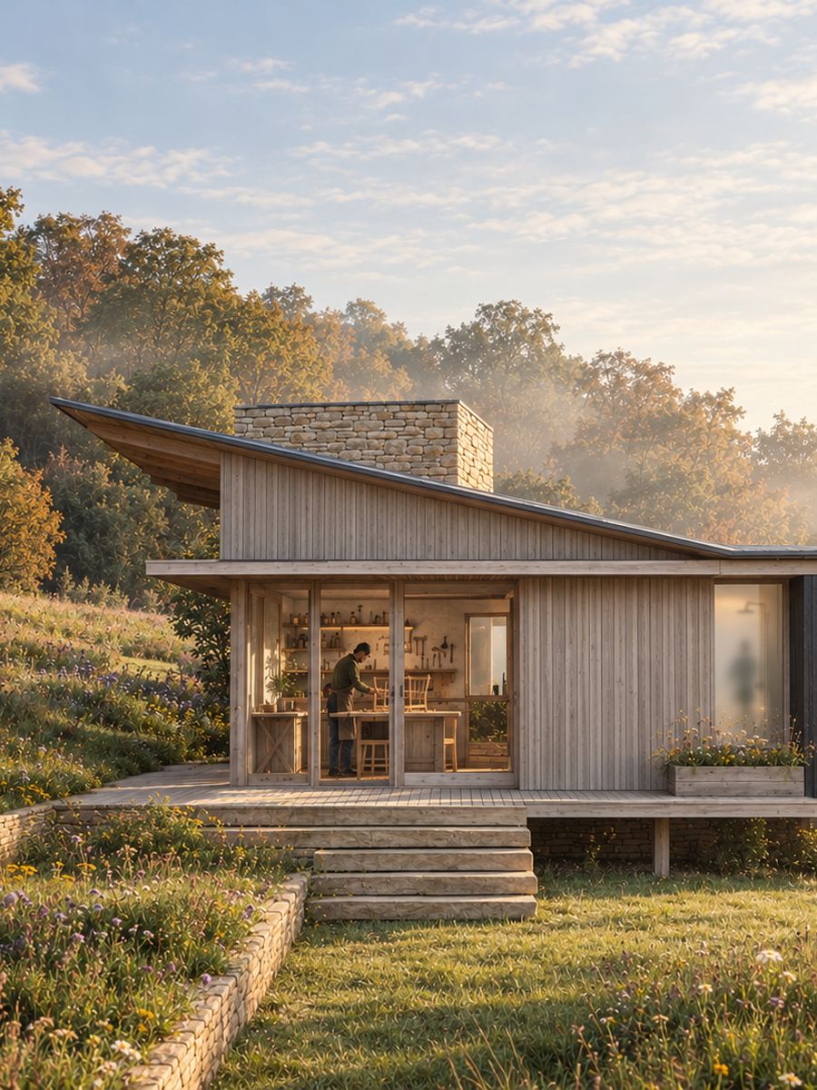 Ullenwood visual of a timber-clad workshop pavilion with stone chimney above a wildflower meadow and dry-stone walls