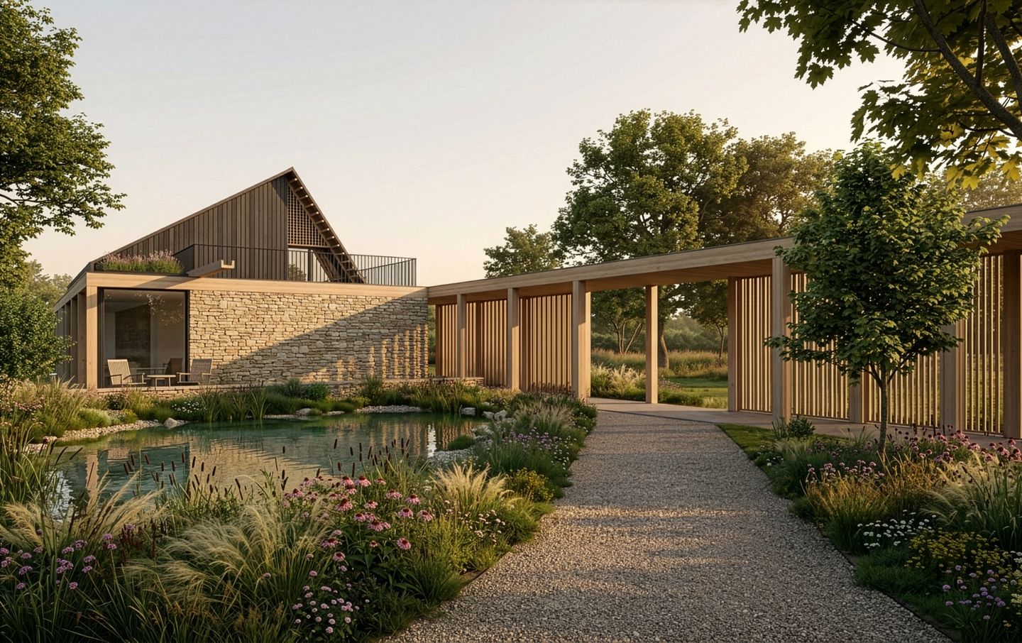 Ullenwood visual of stone and timber house beside a natural pool, with gravel path and slatted timber colonnade