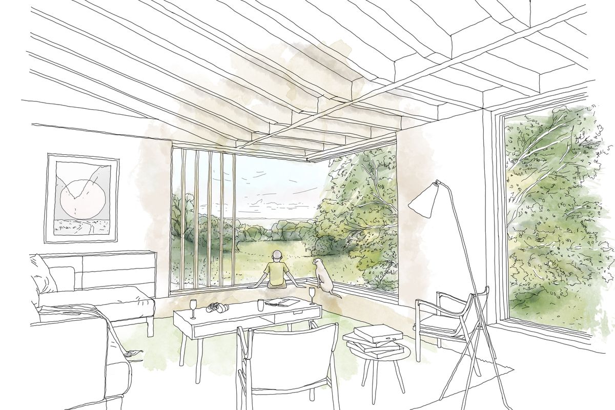 Ullenwood sketch of the living room with exposed timber ceiling and corner window framing views across the meadow