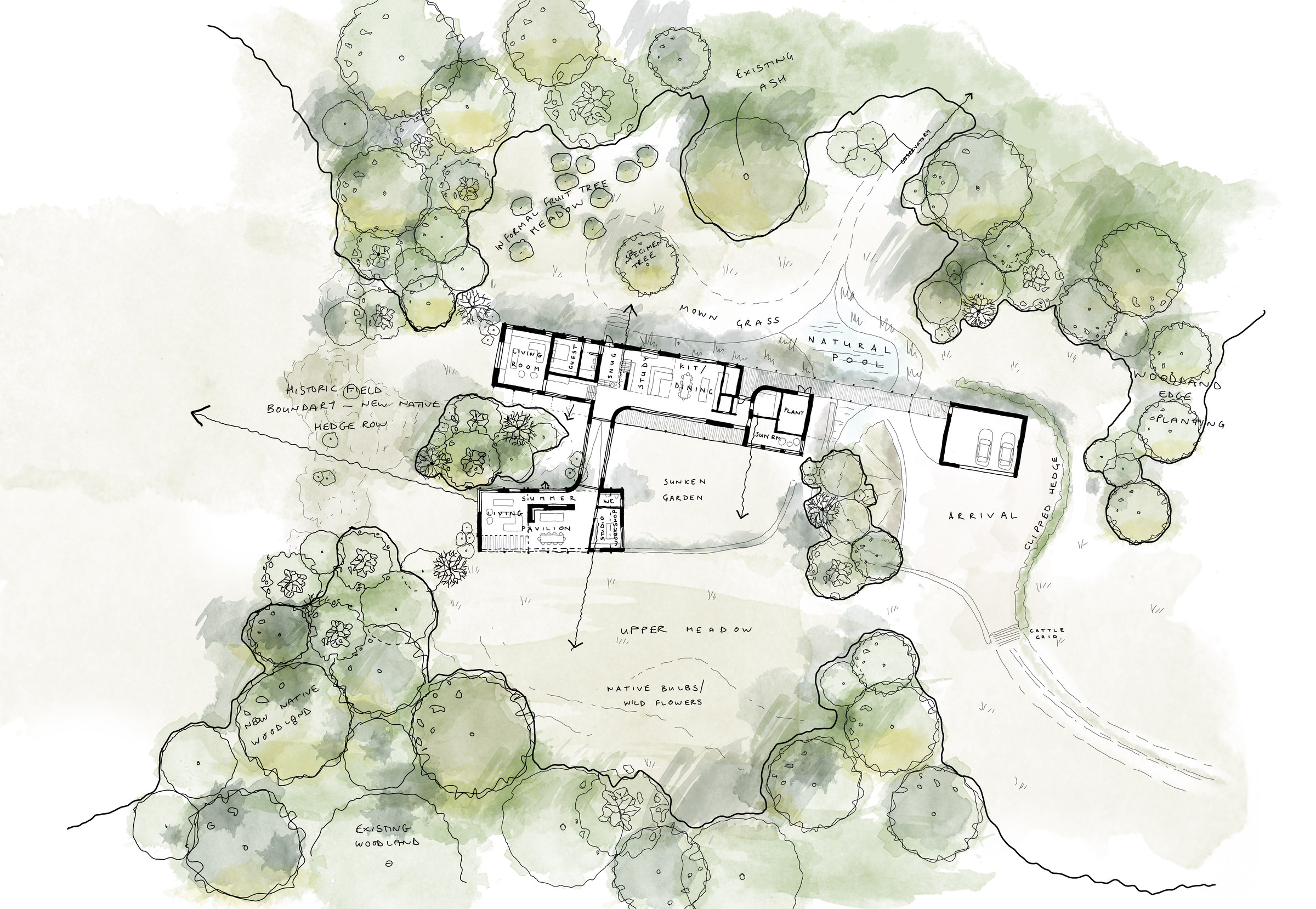 Ullenwood landscape plan showing the house along the historic field boundary, with natural pool, sunken garden, upper meadow and woodland